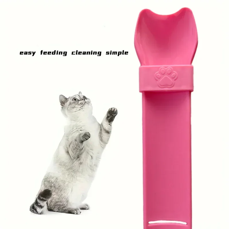 Cuchara para apretar con tira para gatos, para golosinas húmedas y lickable, puré de carne, sin desorden, manos libres, cuchara para comida para mascotas, alimentador portátil antiderrames para gatos