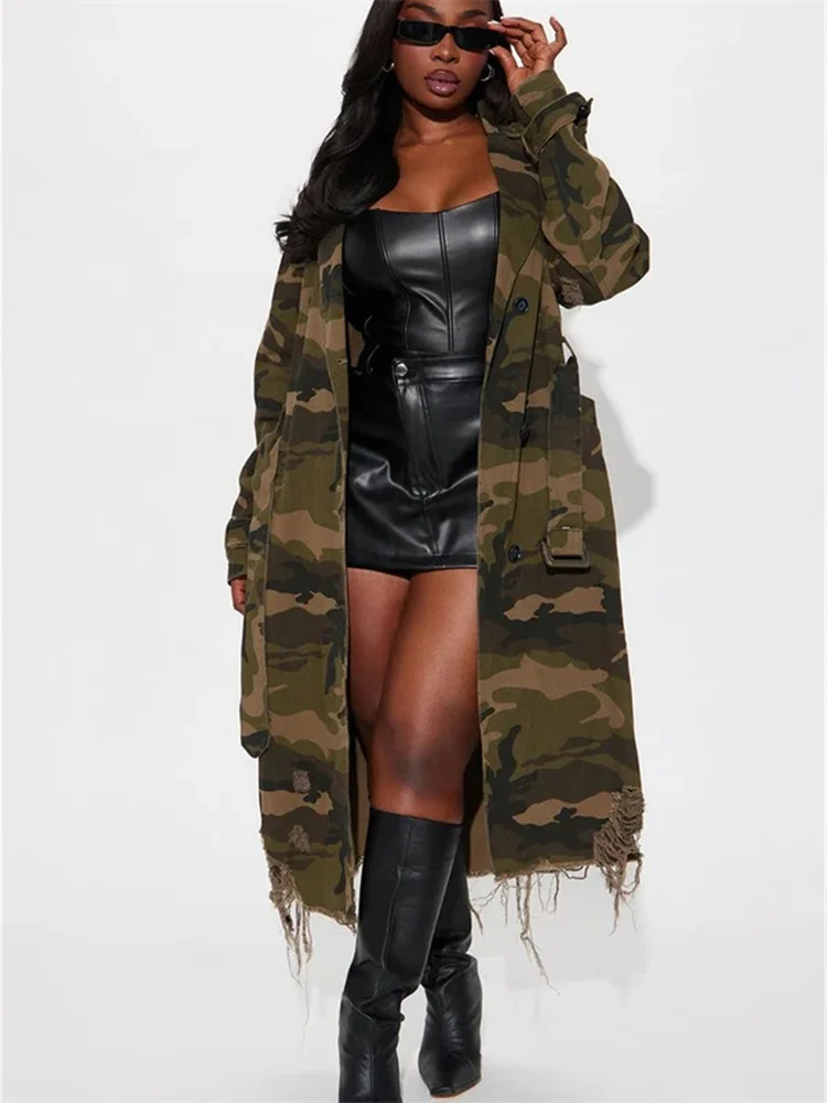 Wmstar-gabardina de camuflaje para mujer, ropa con estampado, abrigo, ropa de calle, Tops cortos rasgados de estilo largo, venta al por mayor, S-2XL