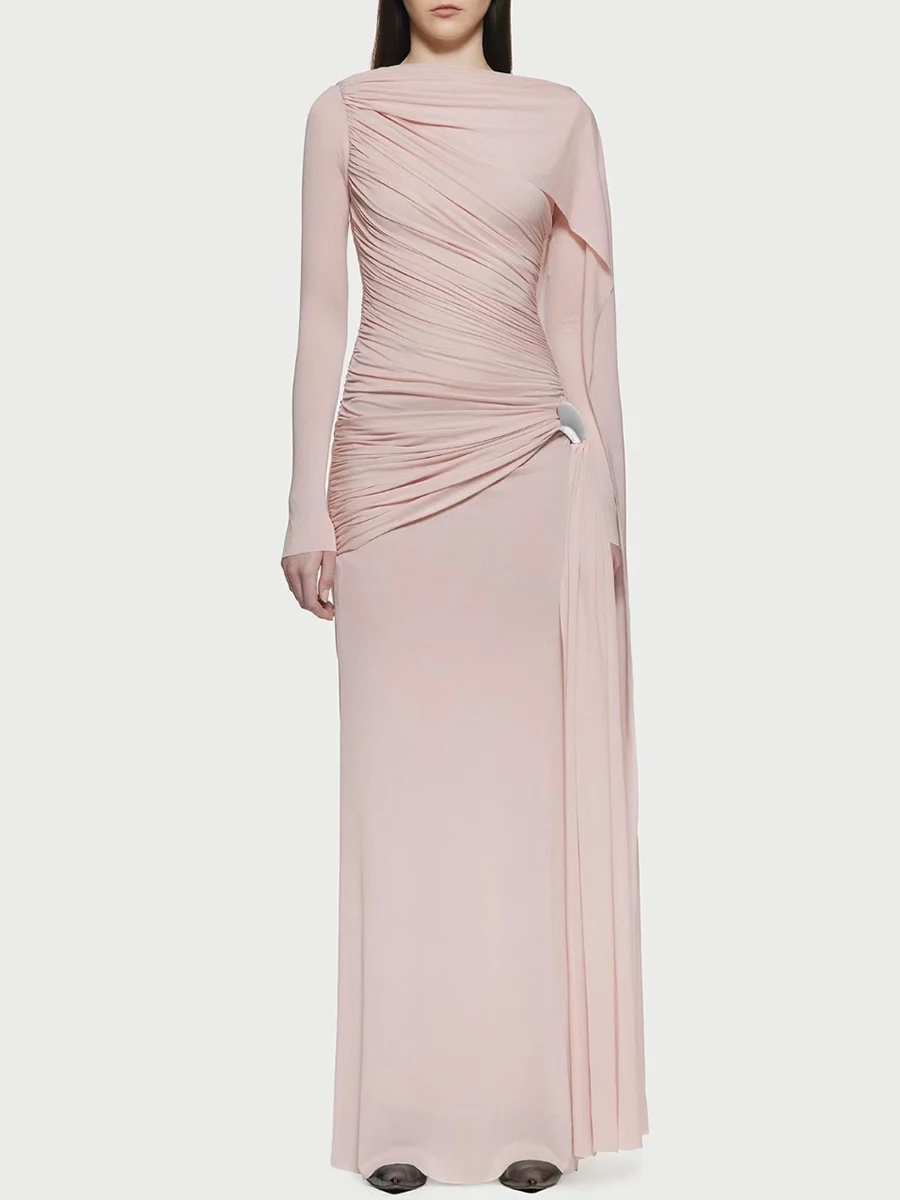 TWOTWINSTYLE, vestidos adelgazantes con pliegues empalmados para mujer, cuello redondo, manga larga, vestido con cinta de retales, ropa femenina