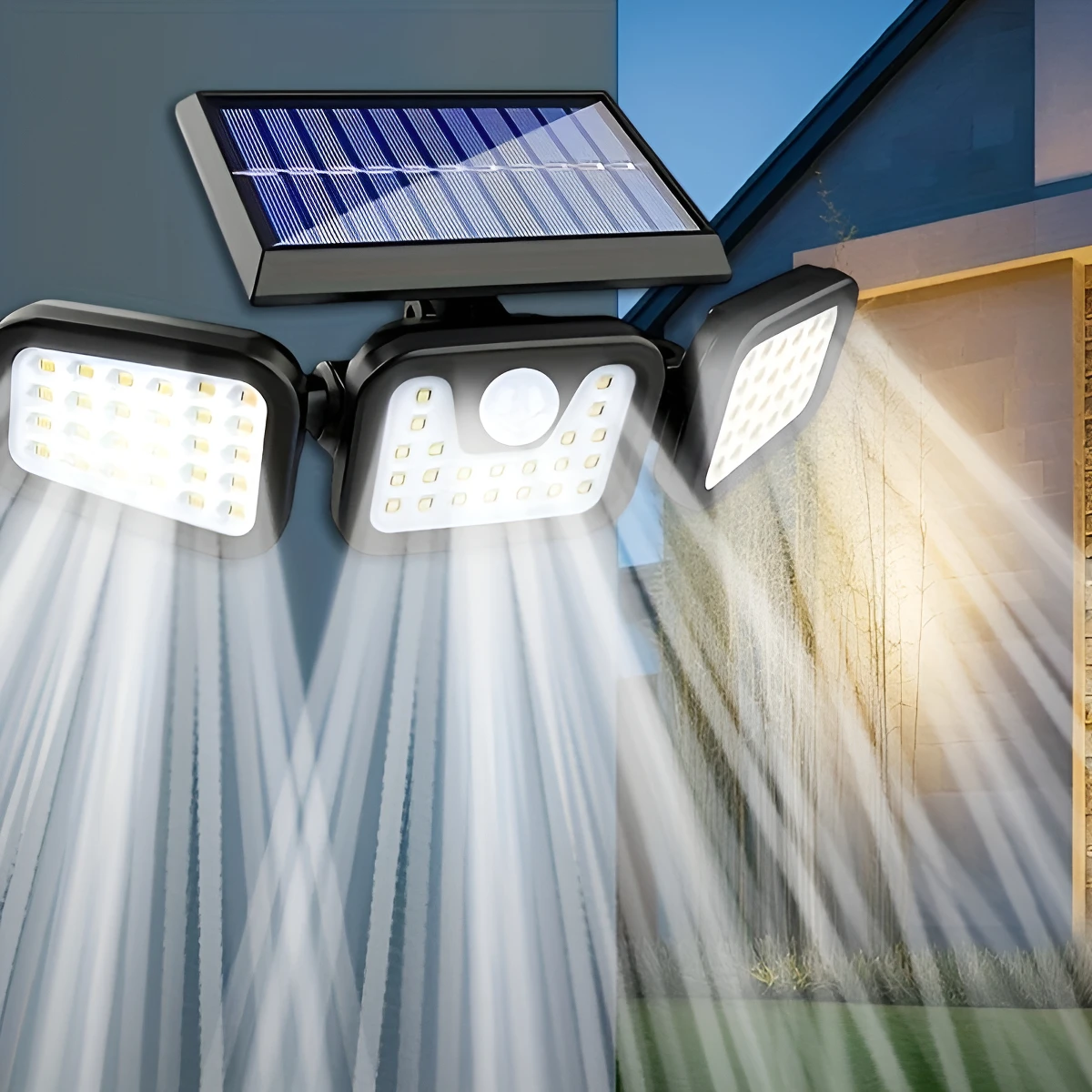 Aplique de pared LED solar | Iluminación exterior de tres cabezales |   IP55 |   Energía solar con sensor de movimiento |   Materiales duraderos ABS y PC | Ideal