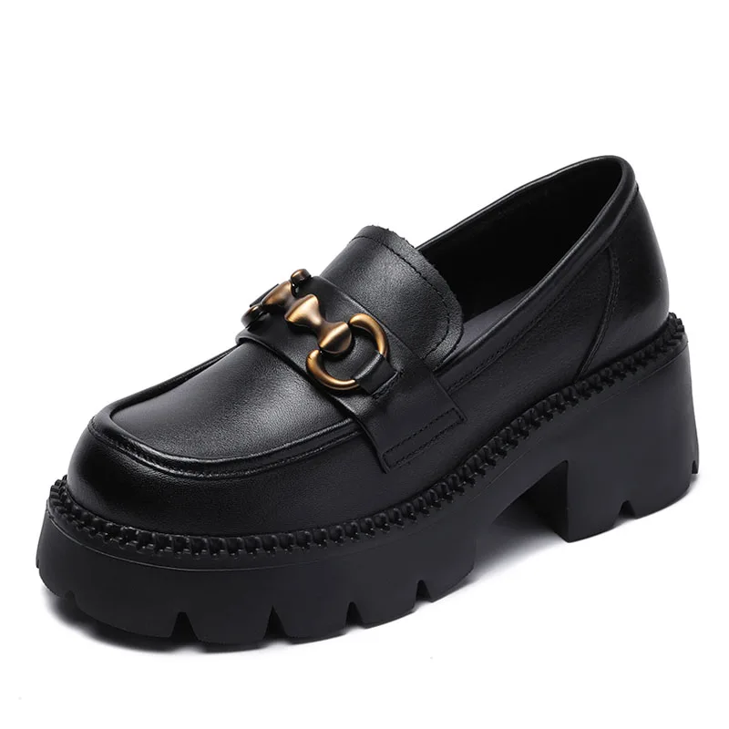 DRKANOL, mocasines de tacón grueso para mujer, zapatos de tacón sin cordones, nuevo diseño de primavera y otoño, zapatos de plataforma de tacón alto con punta redonda de cuero genuino de Metal
