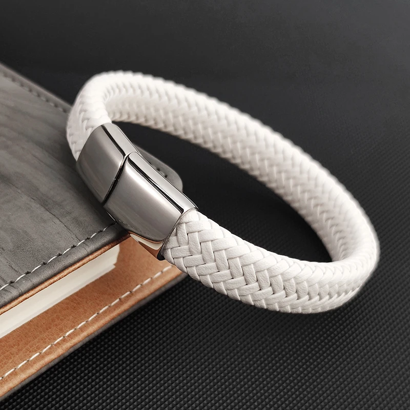 Pulsera trenzada de cuero blanco Simple a la moda, cierres de hebilla de acero inoxidable para hombres, brazalete hecho a mano, venta al por mayor, regalo de joyería