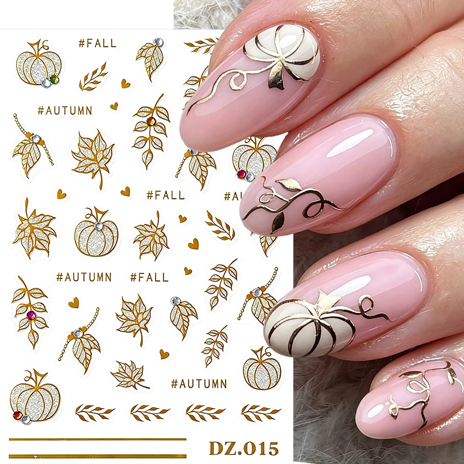 2 Piezas de Adhesivos Dorados para Uñas con Diseño de Hojas de Arce y Calabaza, Decoración Brillante para Uñas, Mini Hojas de Corazón para Otoño, Accesorios de Manicura