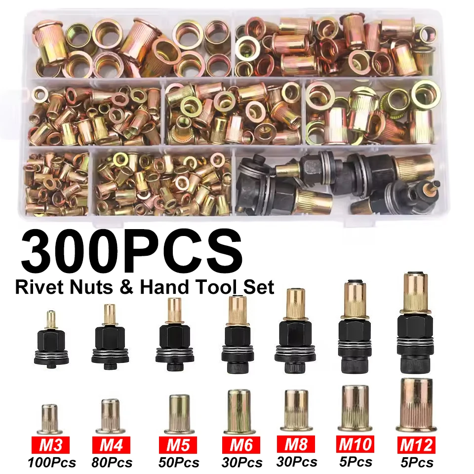 Juego de 300 piezas de herramientas manuales para tuercas remachables métricas, para decoración, aplicaciones marinas e industriales.