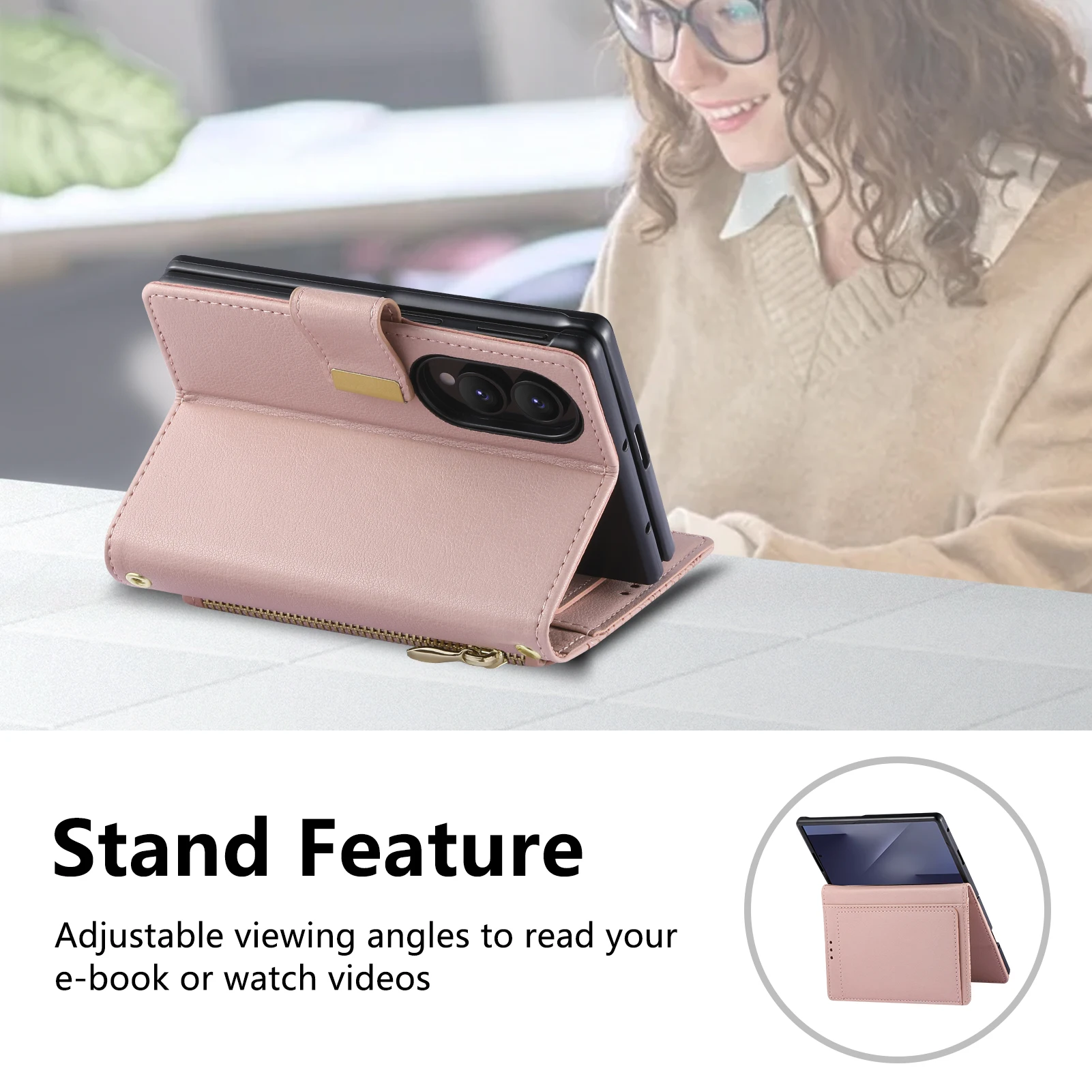 Funda de cuero con cremallera y ranuras para tarjetas, diseño moderno en relieve, para Samsung Z Fold 8, a prueba de golpes, con función de soporte, delgada y ajustada.