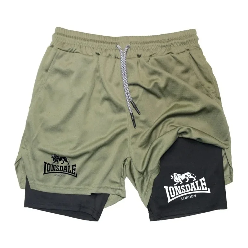 Pantalones cortos estampados 2 en 1 para correr para hombre, pantalones cortos de compresión para entrenamiento en gimnasio con bolsillo para teléfono, toalla, ropa deportiva atlética para verano