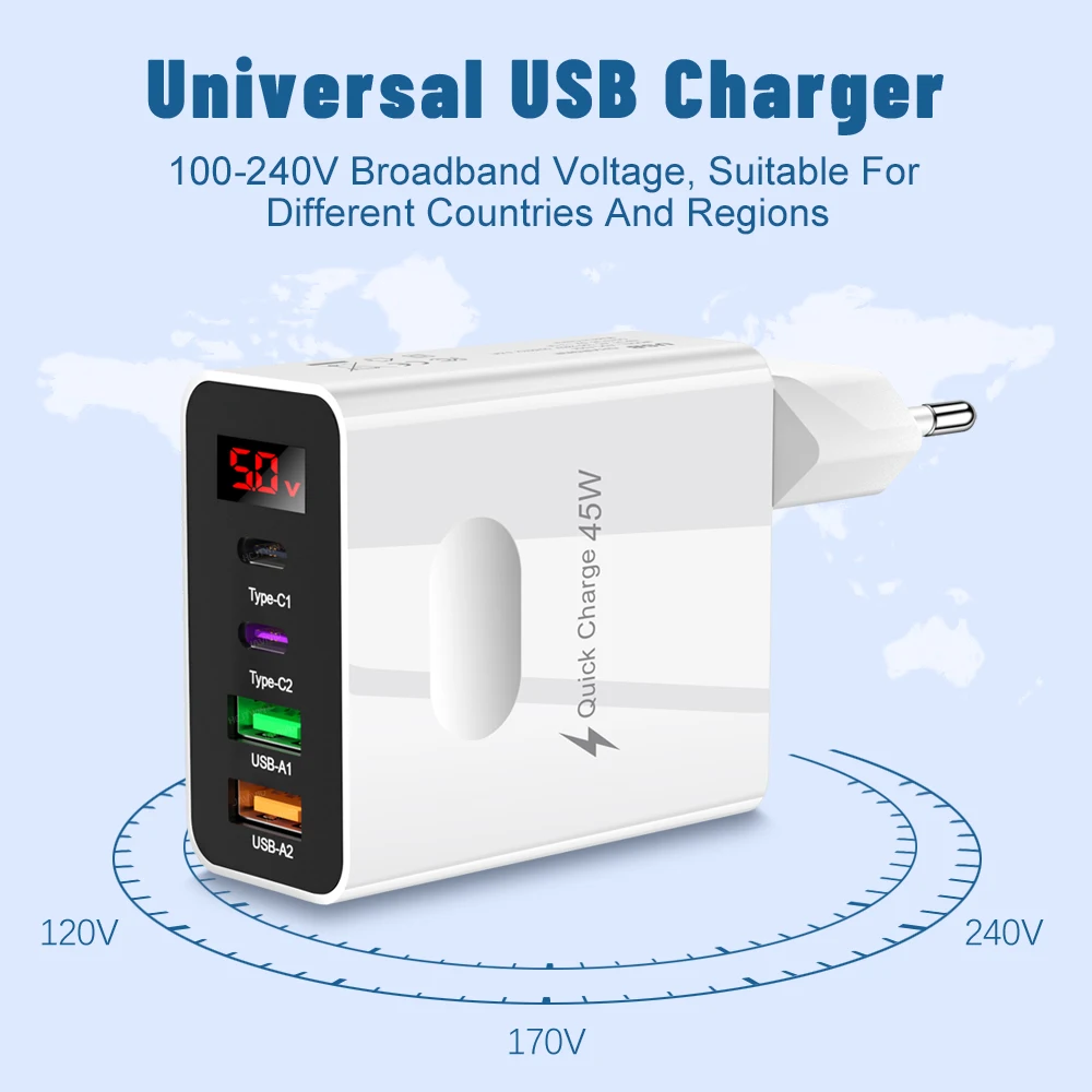 Cargador de pantalla Digital de 4 puertos, cargador USB tipo C, carga rápida 3,0 PD, adaptador de carga de teléfono para Xiaomi, iPhone, Samsung, viaje C