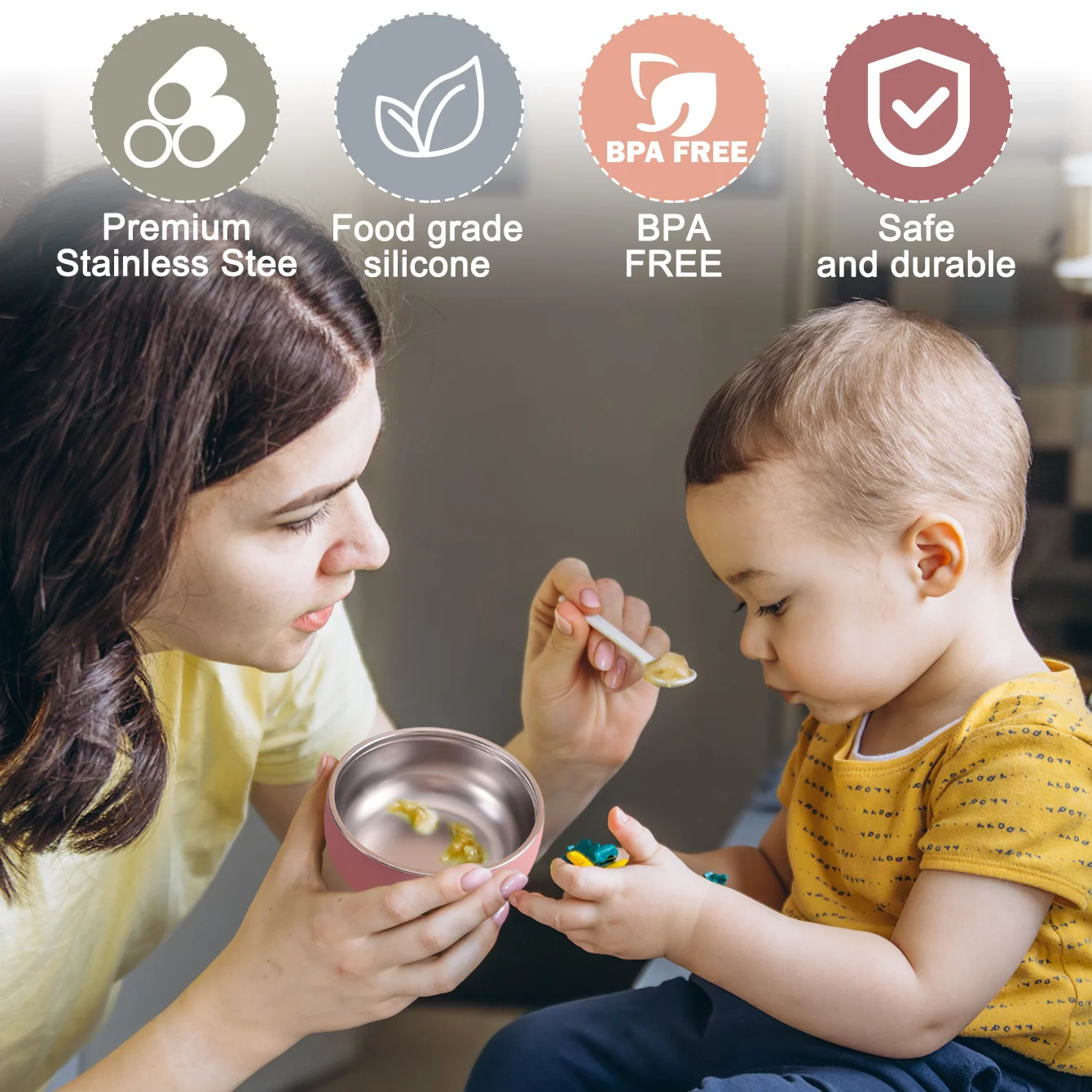 Color niños 2 uds tazón de acero inoxidable juego de vajilla para alimentación de bebé plato de comida de silicona desmontable sin BPA vajilla para niños