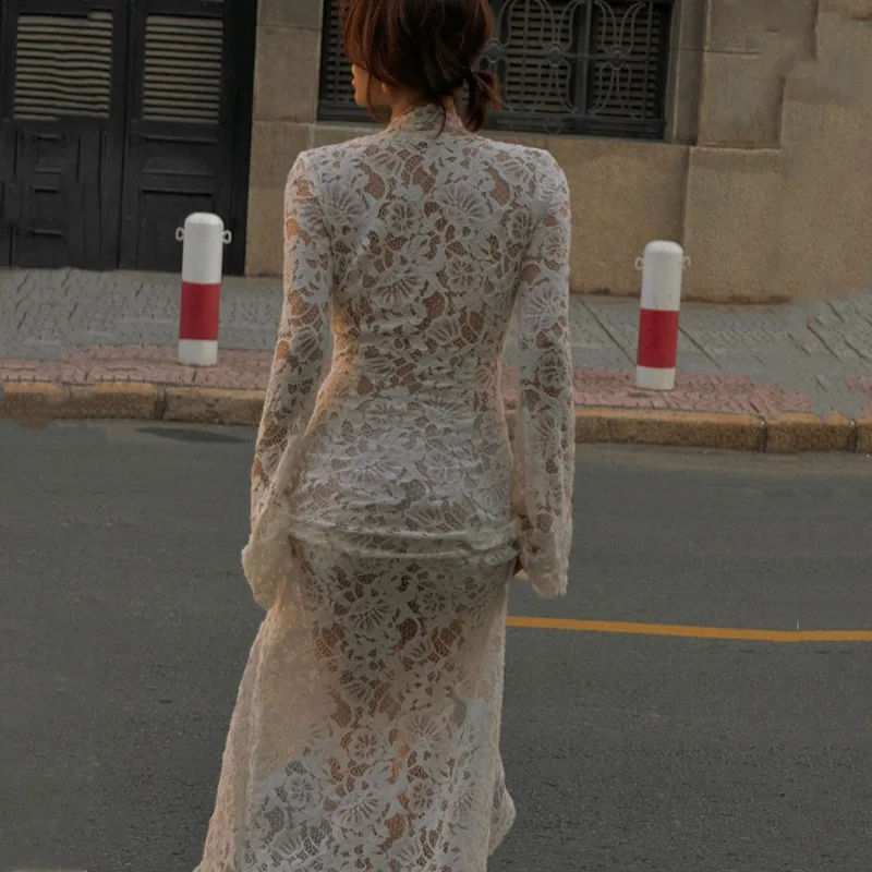 Vestido largo drapeado transparente de encaje calado criptográfico para mujer, vestidos sexis de vendaje con cordones y manga larga divididos, Vestido Coqueta