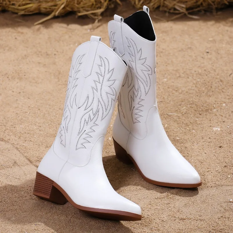 Botas occidentales para mujer, moda Otoño Invierno 2024, botas de vaquero de tacón grueso, estilo Vintage, botas de tacón alto de vaquera occidental campestre