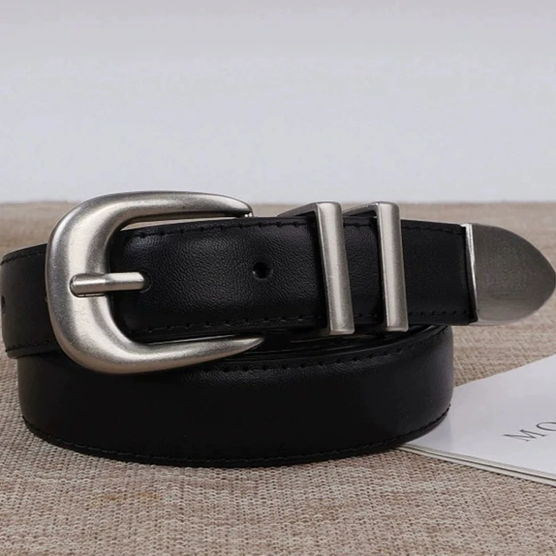 Cinturón vintage unisex de piel de vaca de cuero genuino negro con hebilla plateada para hombres y mujeres cinturón de moda para pantalones vaqueros