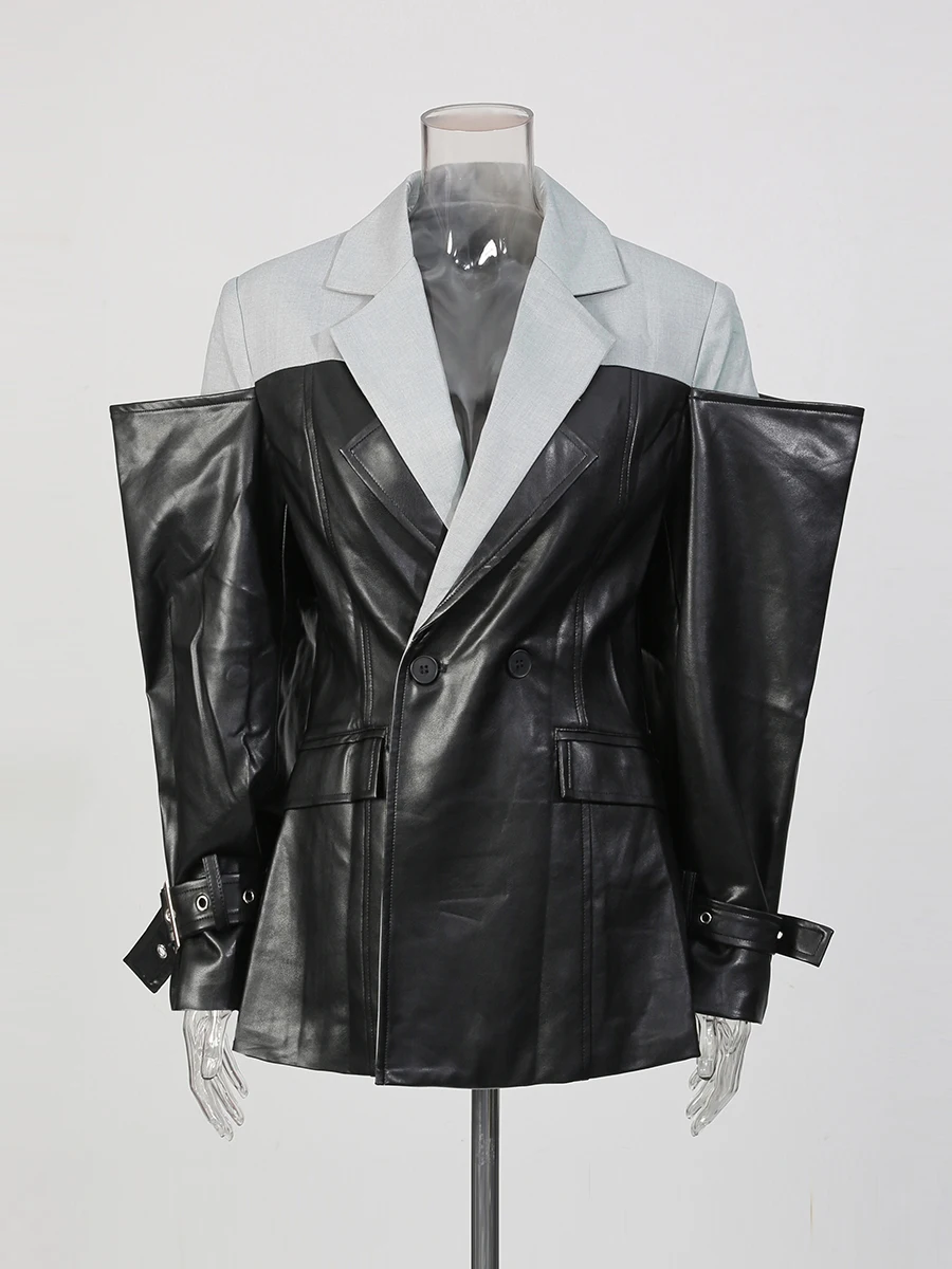 TWOTWINSTYLE, chaquetas de moda adelgazantes de colores llamativos para mujer, Túnica de manga larga con solapa, chaqueta de calle de cuero de retales para mujer
