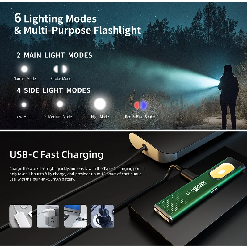 Linterna LED WARSUN T7, Mini Linterna Portátil de 800LM, Recargable, con Base Magnética y Clip, para Trabajo, Senderismo, Pesca, EDC