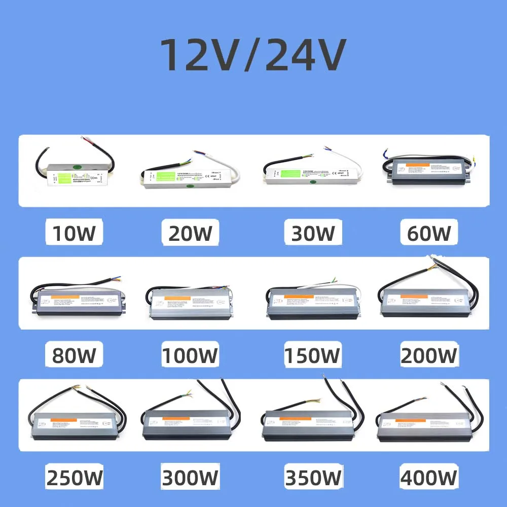 Fuente de alimentación conmutada impermeable DC 12V 24V IP67 ~ IP68 transformador de iluminación LED para exteriores 10W 20W 30W 50W 60W 80W 100W 200W 300W