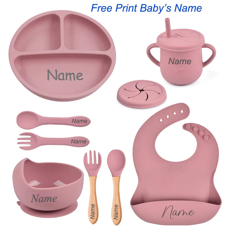 Juego de vajilla de silicona con logotipo de nombre personalizado, juego de alimentación de bebé, cuchara, tenedor, tazón con ventosa, plato de cena de silicona para niños, 8 Uds.