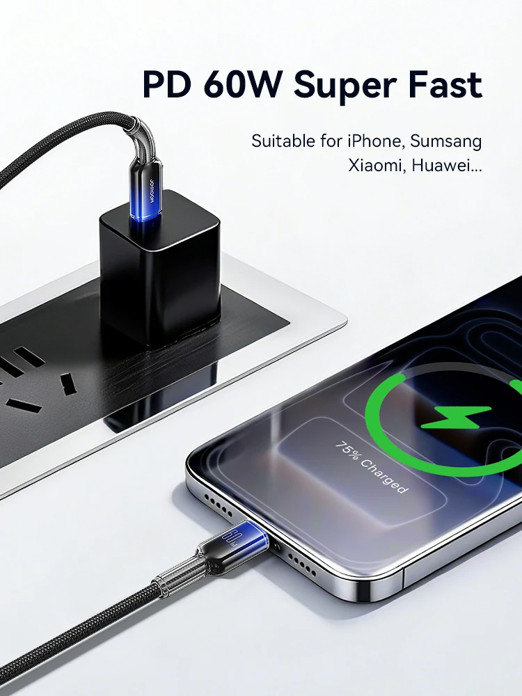 Joyroom PD 100W/60W tipo C Cable de datos de carga rápida para iPhone 16/15 Huawei Samsung Xiaomi Cable de carga USB C para Macbook Pro