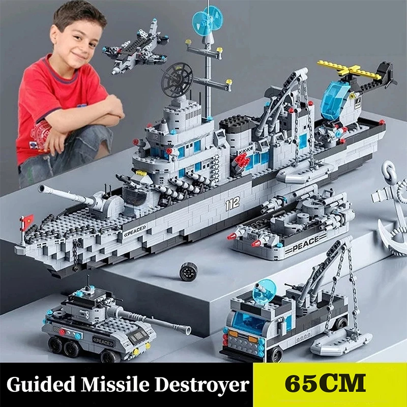 Bloques de Construcción de Barco de Guerra de la Armada de 65 CM, Modelo de Barco del Ejército, 6 en 1, Bloques de Construcción Multiforma, Juego de Juguetes para Niños