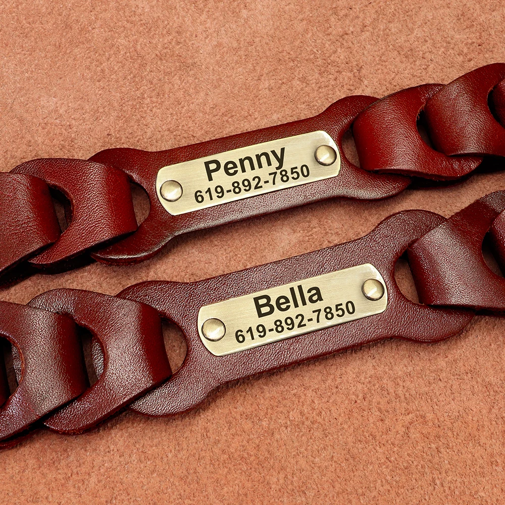 Collar de piel auténtica para perro, personalizado, mediano y grande, identificación de mascotas, Pitbull, grabado de nombre
