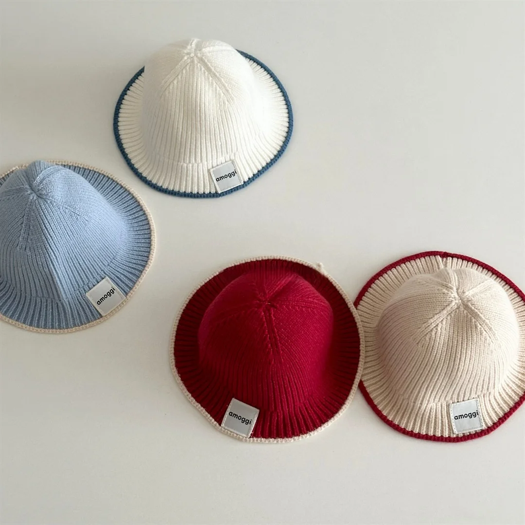 Gorro de Pescador Coreano de Punto para Bebés, Otoño 2026, con Parche de Letras, Color Sólido, Versátil, para Niñas y Niños