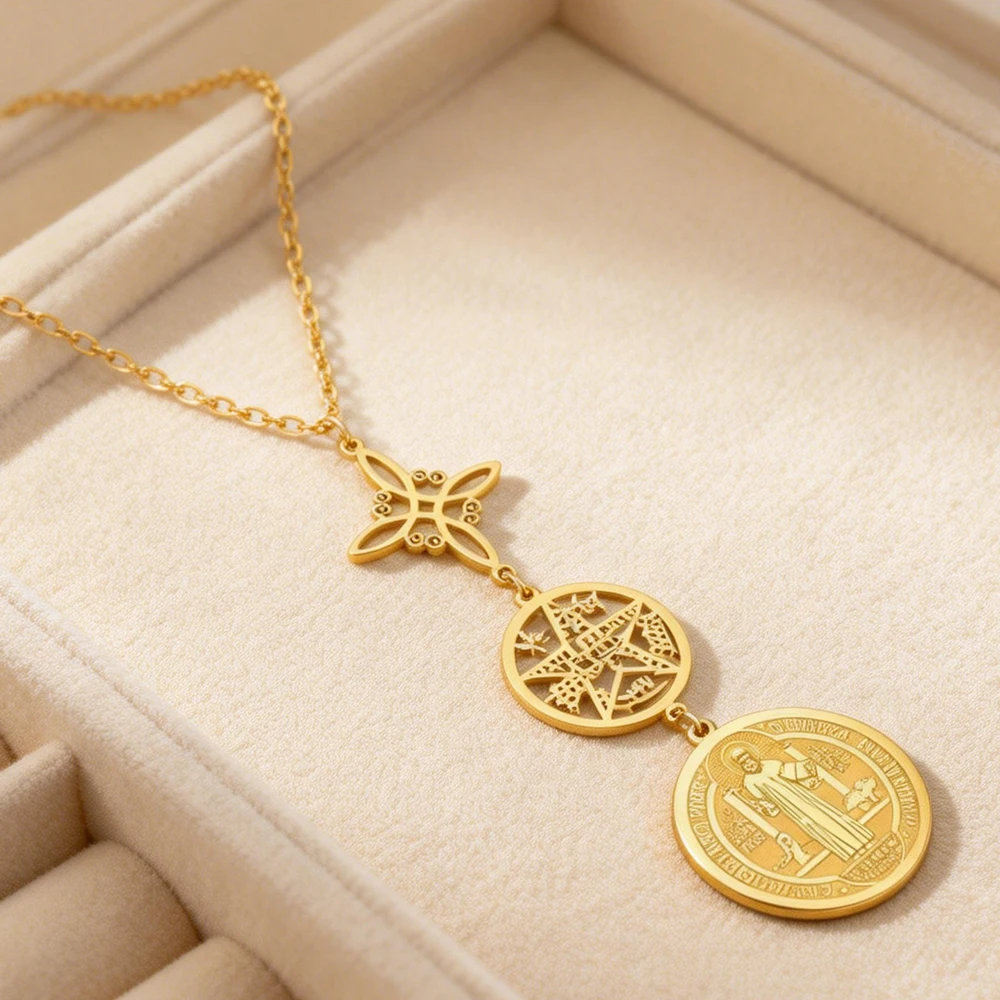 Collar de triple protección con nudo de bruja, pentagrama, tetragrammaton, San Benito, amuleto con símbolo espiritual de acero inoxidable, joyería