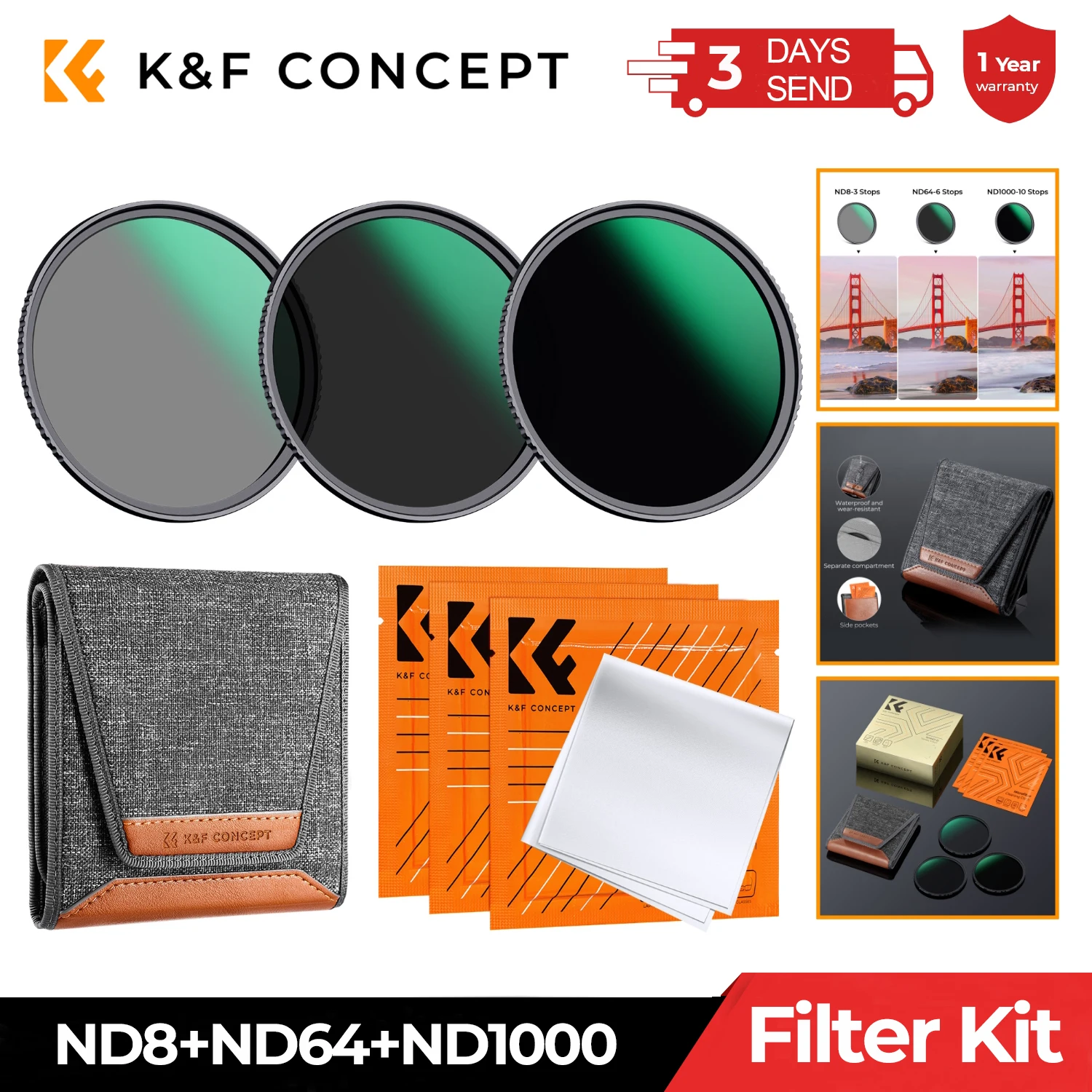 Kit de Filtros de Lente K&F CONCEPT ND8 ND64 ND1000 de 49-82 mm con 3 Paños de Limpieza al Vacío y Bolsa para Filtros para Cámaras Nikon y Canon