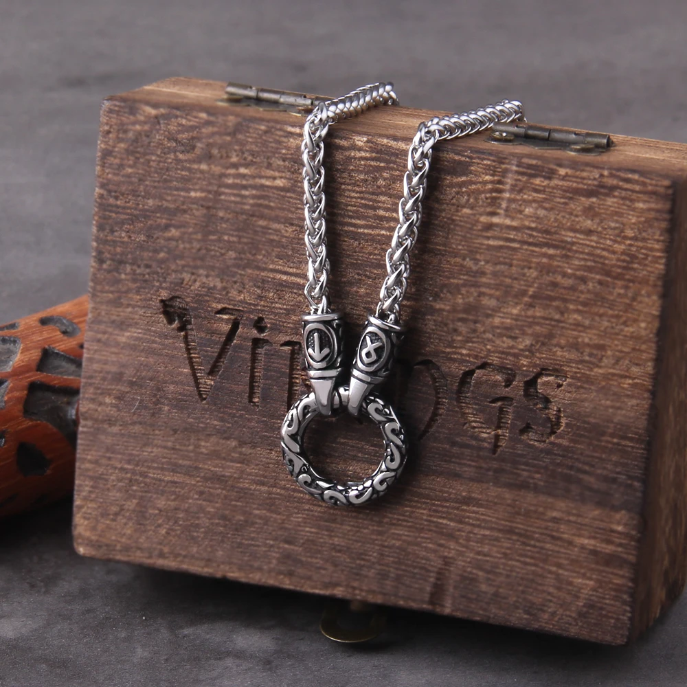 Collar con Colgante de Runa Vikinga Nórdica con Cierre Redondo Abierto, Cadena de Acero Inoxidable con Caja de Madera