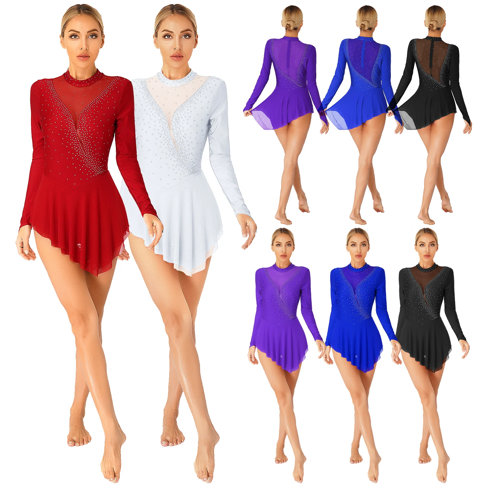 Vestido de leotardo de gimnasia para patinaje sobre hielo para mujer, traje de Ballet de danza lírica, Ropa de baile de malla transparente con diamantes de imitación brillantes de manga larga
