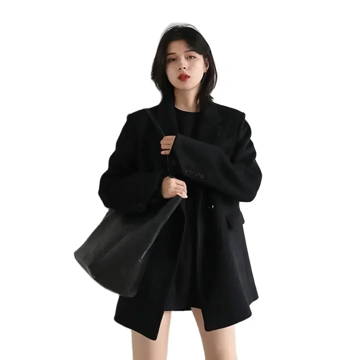 CHIC VEN-abrigo de mezcla de lana para mujer, Blazer de lana medio largo liso, blusa gruesa y cálida, abrigo para mujer, Tops de oficina para mujer, Otoño Invierno