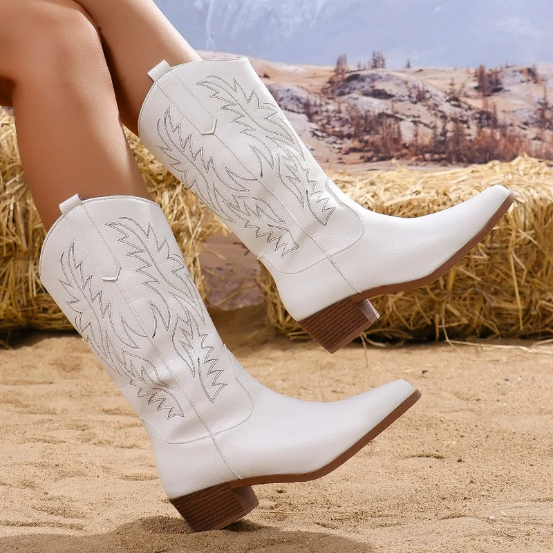 Botas occidentales para mujer, moda Otoño Invierno 2024, botas de vaquero de tacón grueso, estilo Vintage, botas de tacón alto de vaquera occidental campestre