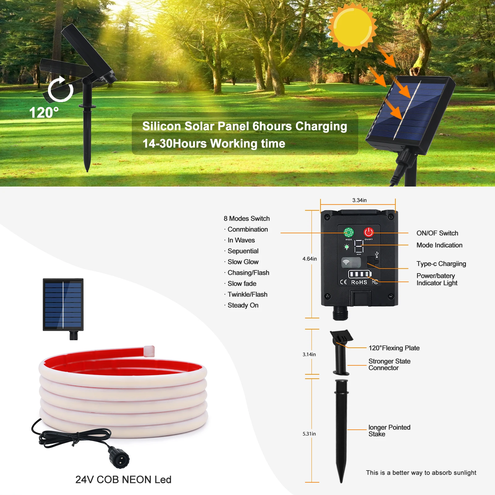 Tira de LED de neón COB con energía Solar DC24V IP68 impermeable 320Leds/M cinta adhesiva Flexible cuerda de luz iluminación lineal de jardín para el hogar