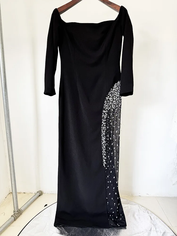 Vestido Largo Maxi de Gasa con Cuentas de Diamantes y Hombros Descubiertos, Diseño de Alta Costura 2026, Nuevo de HIGH STREET