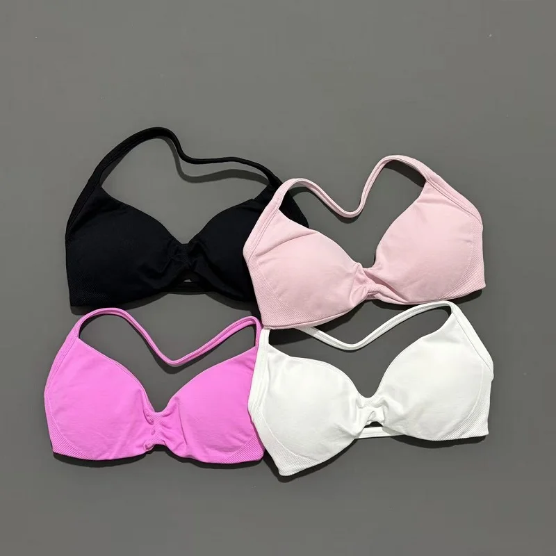 HISTELLO-Sujetador de tiras para gimnasio para mujer, Top de alto soporte con tirantes finos, sujetadores deportivos sin costuras con cuello Halter, camisetas sin mangas para entrenamiento de realce y Yoga
