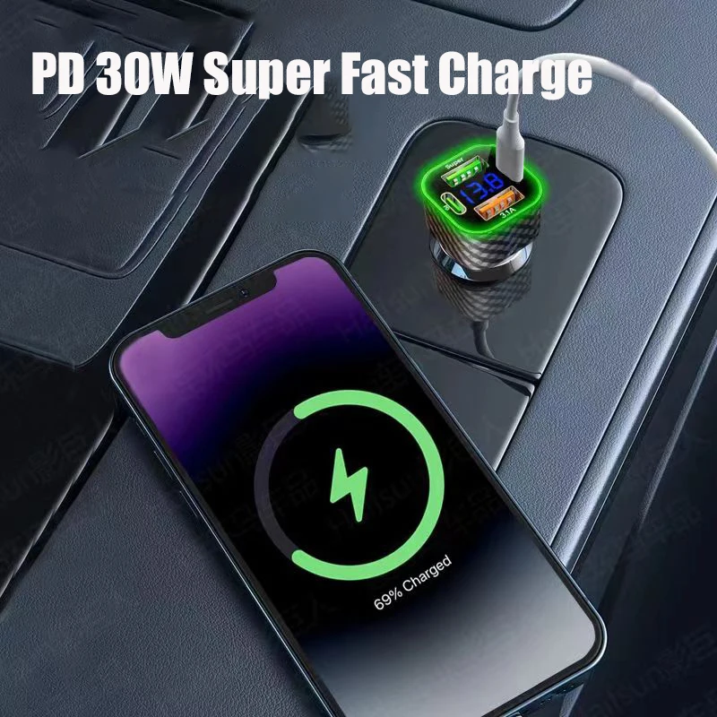 UYUXIO USB C Cargador de teléfono para automóvil Dual PD 4 en 1 con pantalla de voltaje Adaptador de carga súper rápida para iPhone Xiaomi Oppo Vivo Samsung