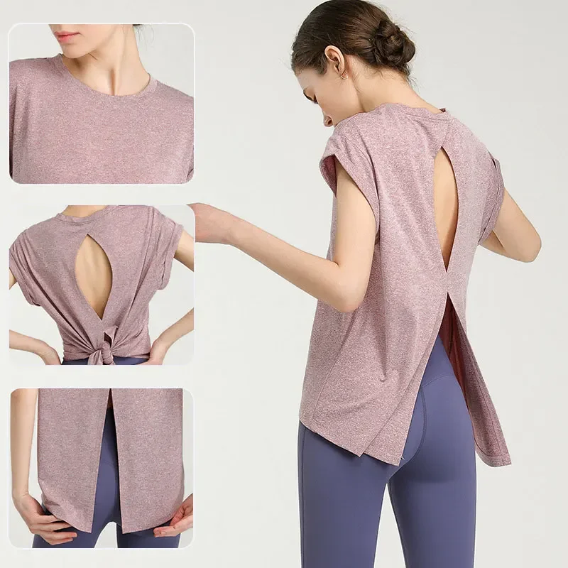 Camiseta deportiva con temperamento para culturismo, ropa deportiva, camiseta, ropa de Yoga a la moda, Tops traseros de belleza Sexy, ropa deportiva para mujer