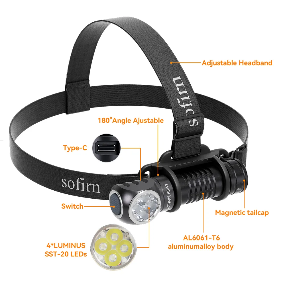 SOFIRN HS41 Linterna frontal 4000lm 21700 USB C recargable con indicador de antorcha LED SST20 con linterna trasera magnética