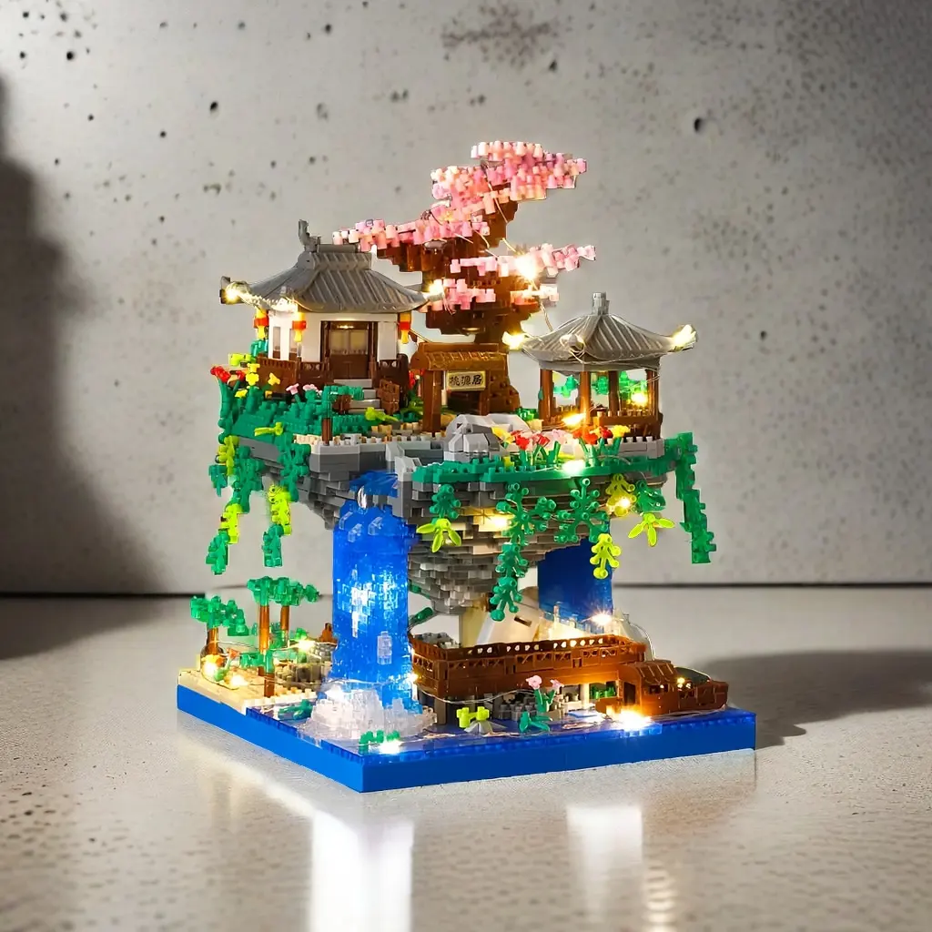 Taohuatan-Juego de bloques de construcción de Micro ladrillos con temática de lago, juguetes creativos para adultos, ladrillos de modelo de paisaje chino único con luz LED