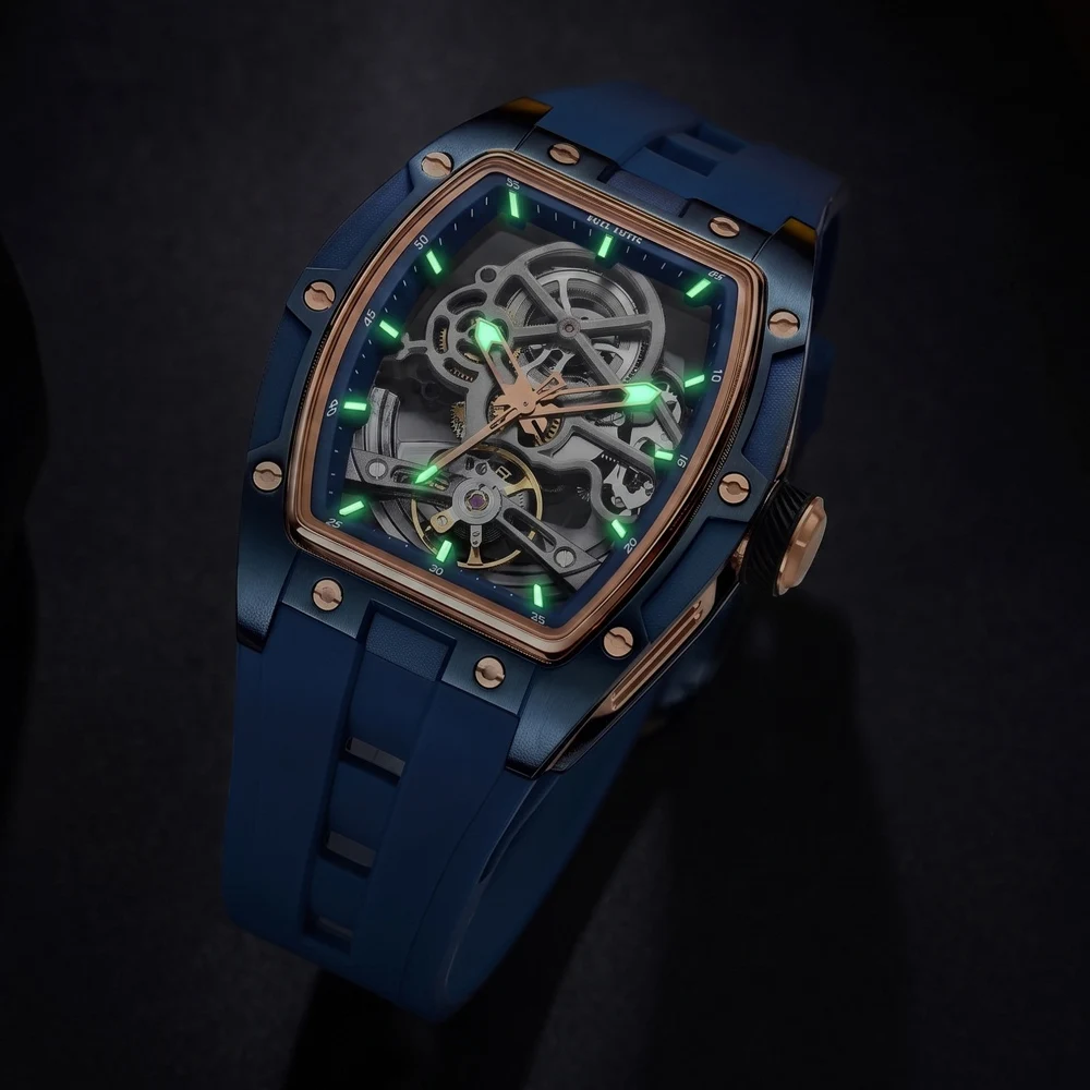 Reloj Mecánico MEGIR Tonneau Skeleton para Hombre, Reloj de Pulsera Deportivo con Correa de Silicona, Esfera Hueca de Lujo, Relojes Mecánicos Automáticos para Hombre
