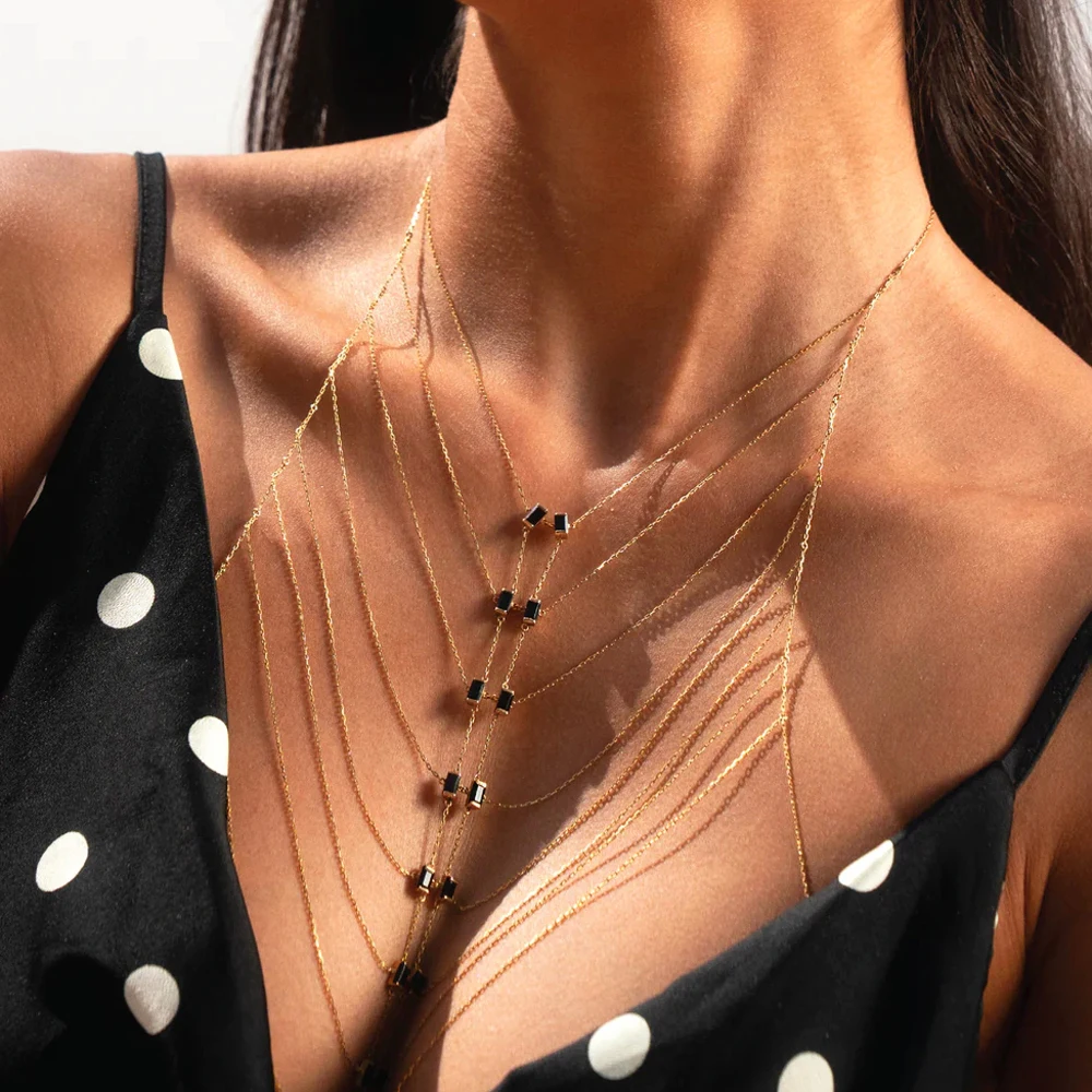 Collar con colgante de circonia cúbica verde, negro y blanco multicapa para mujer, Color dorado, borla ostentosa, cadena para el cuerpo, geometría, regalo de joyería múltiple