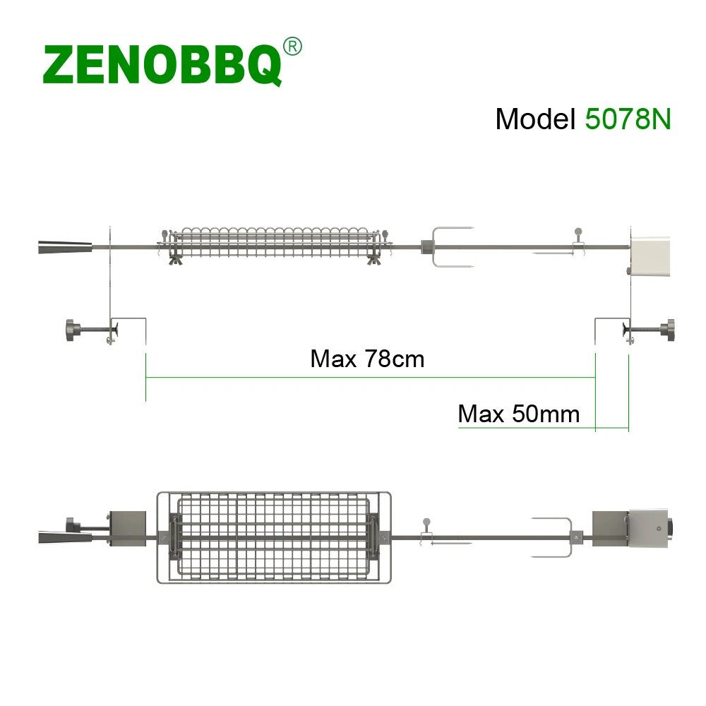 ZENOBBQ-cesta giratoria para asador, parrilla de pescado, escupir para barbacoa, estante automático para carne, accesorios para asador de ajuste de longitud libre para hornear