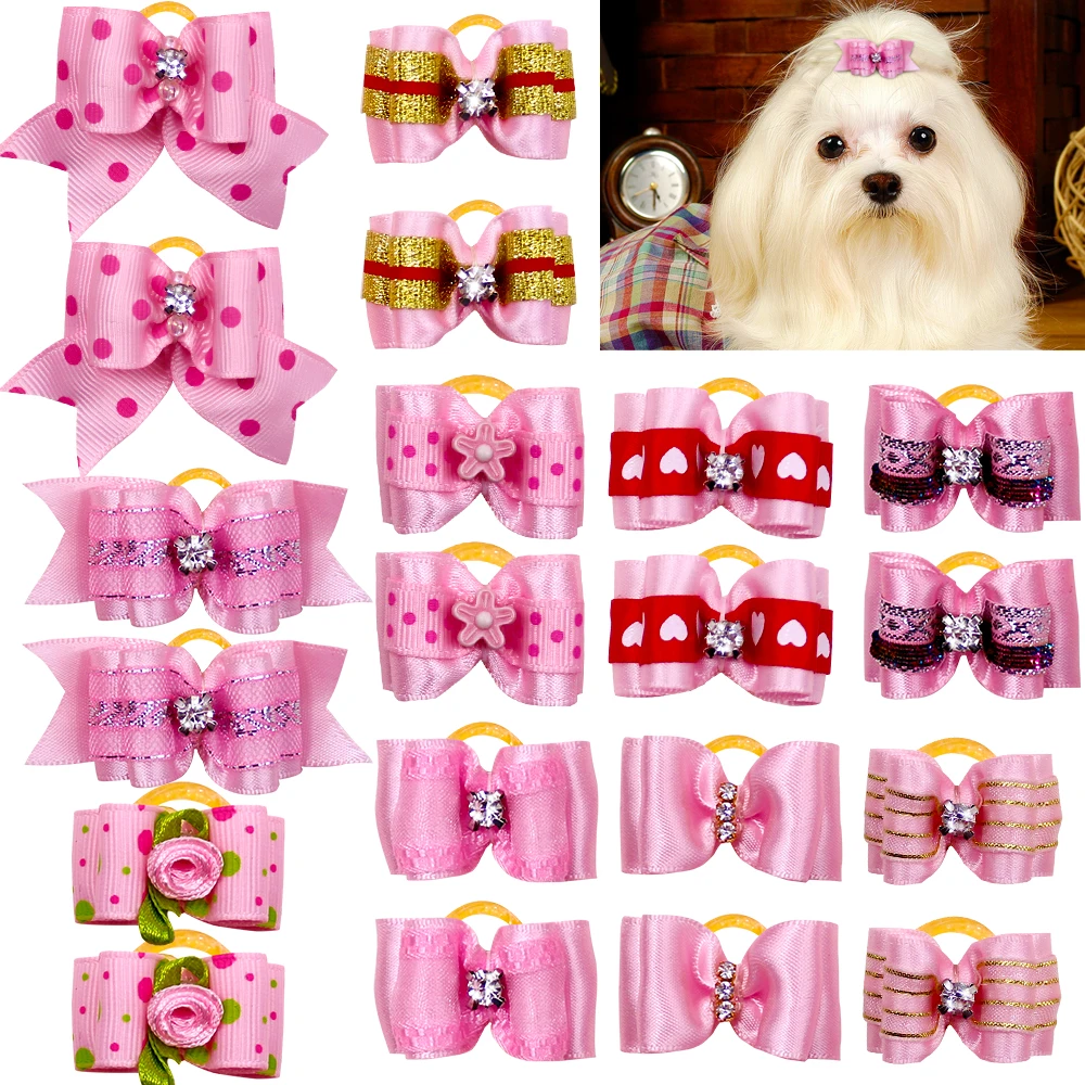 10 unids/lote de lazos pequeños hechos a mano para el pelo para perro, banda de goma, lazo para el pelo de gato, Boutique, accesorios para el cuidado de perros del Día de San Valentín