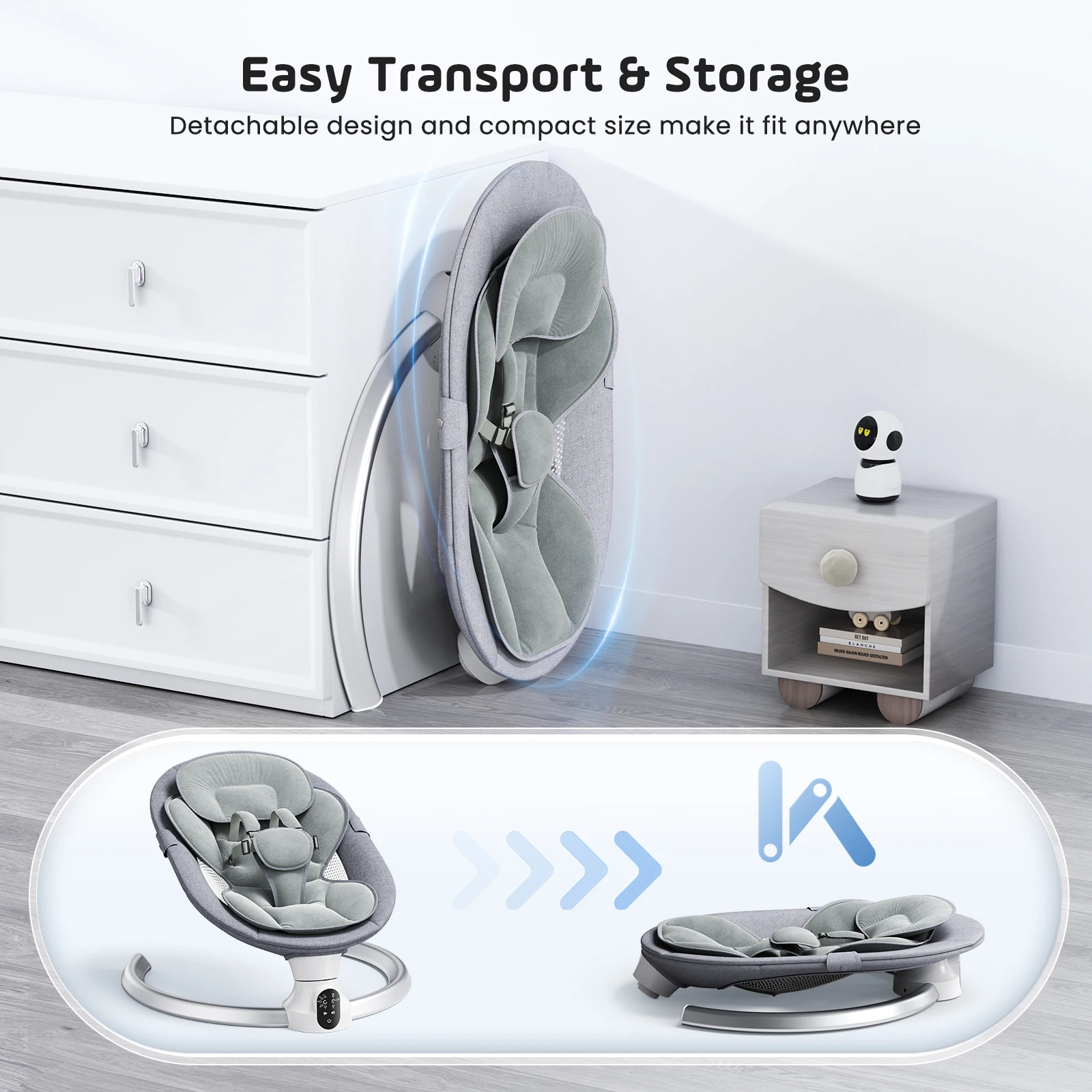 Columpio eléctrico para bebé, balanza para bebé con aplicación y control remoto desde el nacimiento hasta 9 kg, arnés de 5 puntos, báscula para bebé mejorada con 3 temporizadores