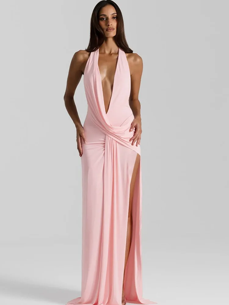 Mozision Halter escote en V profundo espalda descubierta Sexy Maxi vestido de mujer moda Irregular sin mangas muslo alto Split Club vestidos de fiesta