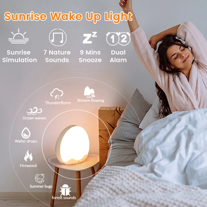 Reloj despertador Sunrise con luz de despertar, sonido Digital para dormir, luz nocturna, reloj de escritorio, dispositivo de ayuda para dormir, cambio de Color, regalo perfecto