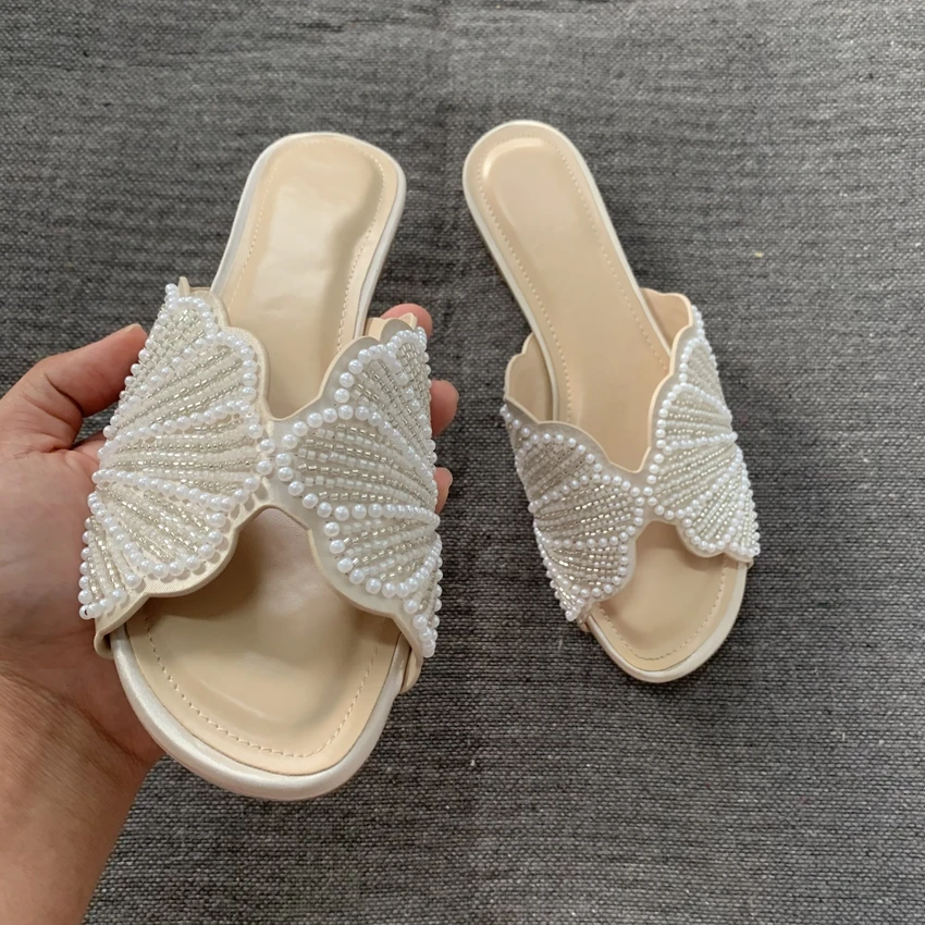 Sandalias Planas de Verano de Lujo para Mujer, Sandalias de Diseñador con Imitación de Perlas, Cómodas y Ligeras, Zapatos Casuales de Playa para Mujer