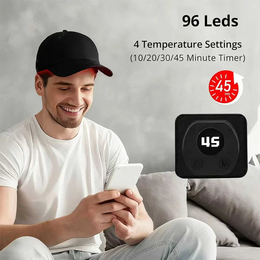 Gorro de Terapia de Luz Roja para el Cabello, Terapia de Luz Roja Mejorada con 96 LED para la Cabeza, Terapia de Luz Infrarroja para Hombres y Mujeres con Temporizador