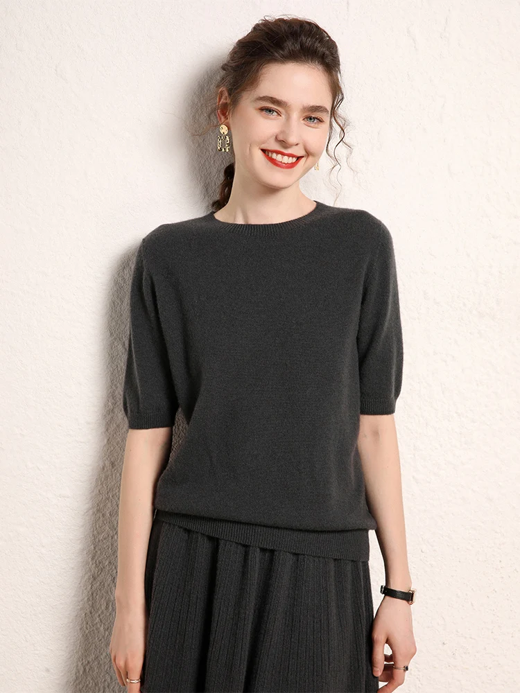 Suéter de cachemira de cabra con cuello redondo para mujer, camiseta, jersey de otoño e invierno, media manga, 100% de punto de Cachemira, Tops sólidos clásicos