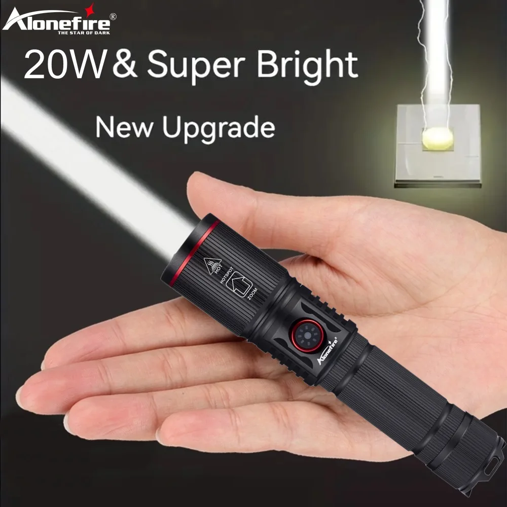 Linterna LED de 20W con Zoom y Haz de Luz Redondo, Linterna de Alta Potencia Recargable por USB para Camping, Caza, Pesca, Caminatas e Iluminación Exterior