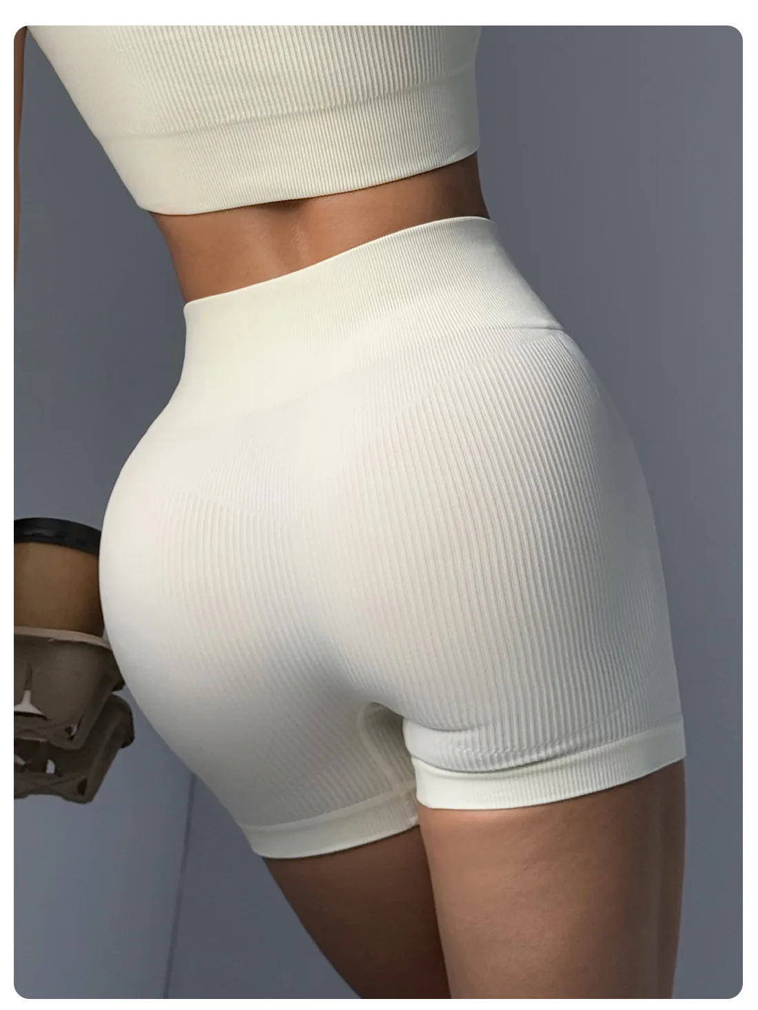 Pantalón de yoga de cintura alta para mujer, diseñado para levantar y dar forma, ajustado con color sólido y textura acanalada, pantalones cortos deportivos