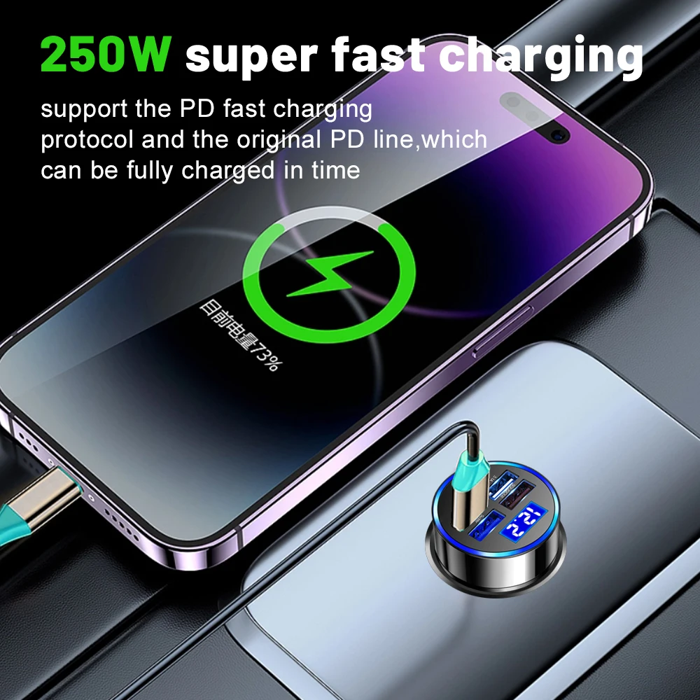 Cargador de coche USB PD de 250W, adaptador de teléfono USB tipo C de carga rápida para iPhone 13 Pro, Xiaomi, Huawei, Samsung, cargador rápido para coche
