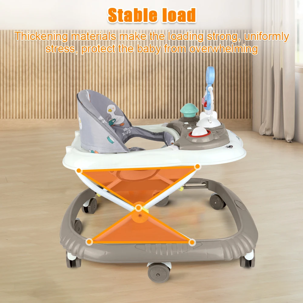 Andador Plegable para Bebés, con Centro de Actividades, Altura Ajustable, Cojín de Asiento Extraíble, a partir de 6 Meses, Gris/Caqui/Negro